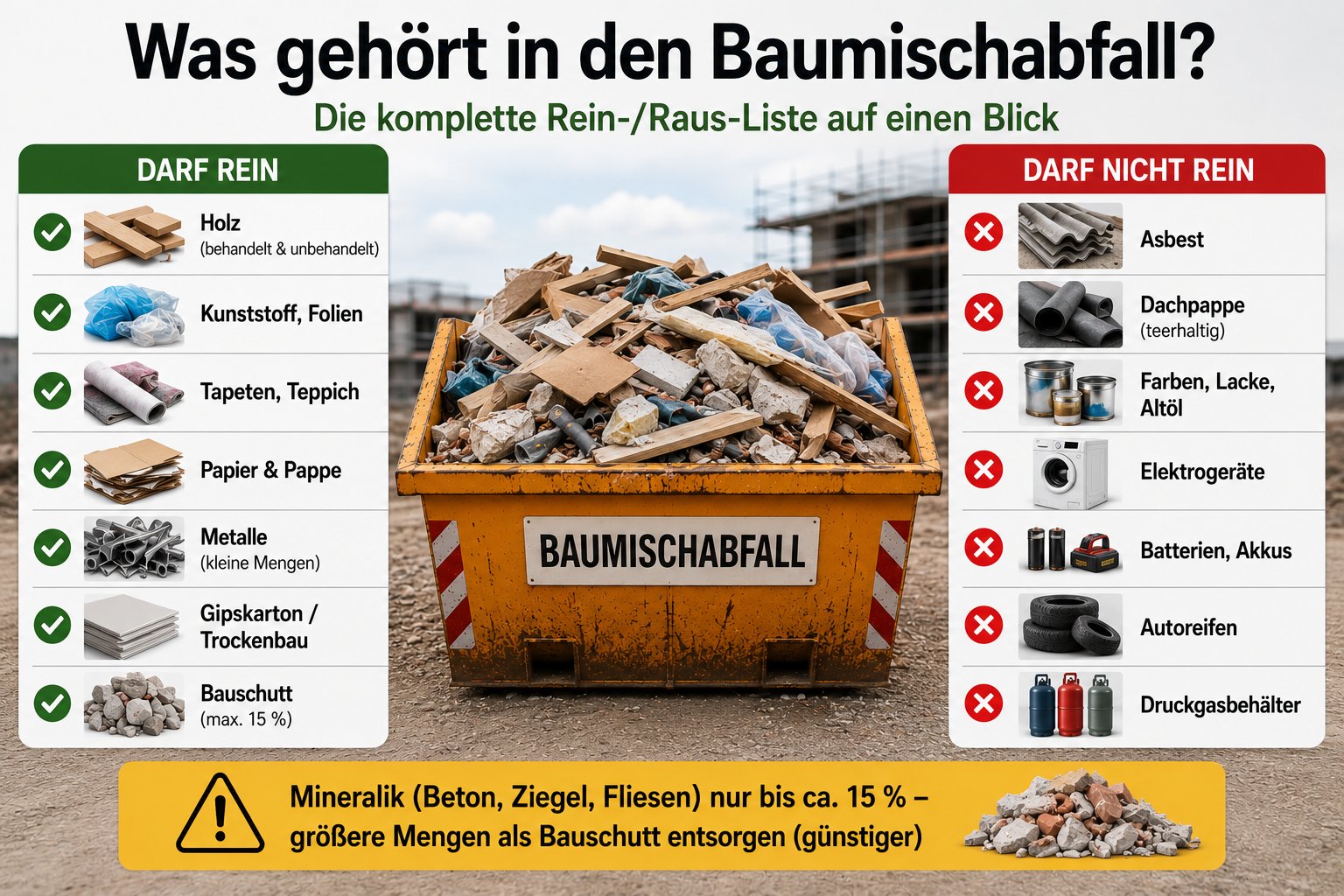Übersicht was in den Baumischabfall darf und was nicht: erlaubte Materialien, verbotener Sondermüll und die 15-Prozent-Regel für Mineralik