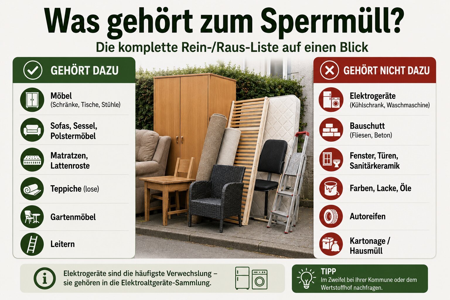 Übersicht was zum Sperrmüll gehört und was nicht: Möbel, Matratzen und Teppiche dürfen rein, Elektrogeräte, Bauschutt und Gefahrstoffe nicht
